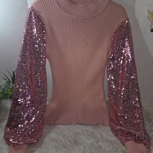 Cherie Collette Pink Sequin Long Sleeve Knit Sweater, Size L